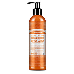 Dr. Bronner's Orange Lavender lotion bottle showing organic ingredients and compact 8 oz size