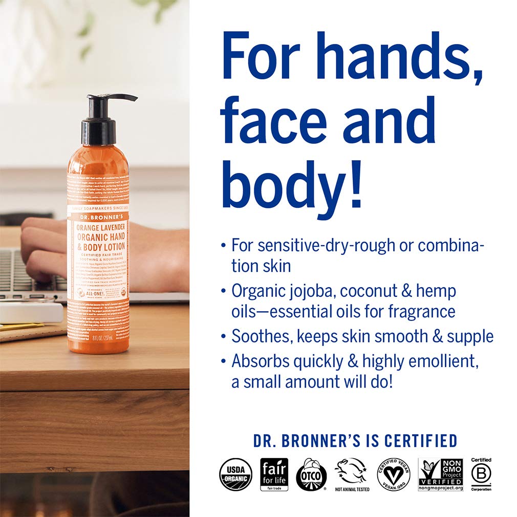 Packaging of Dr. Bronner's Orange Lavender lotion emphasizing organic certification