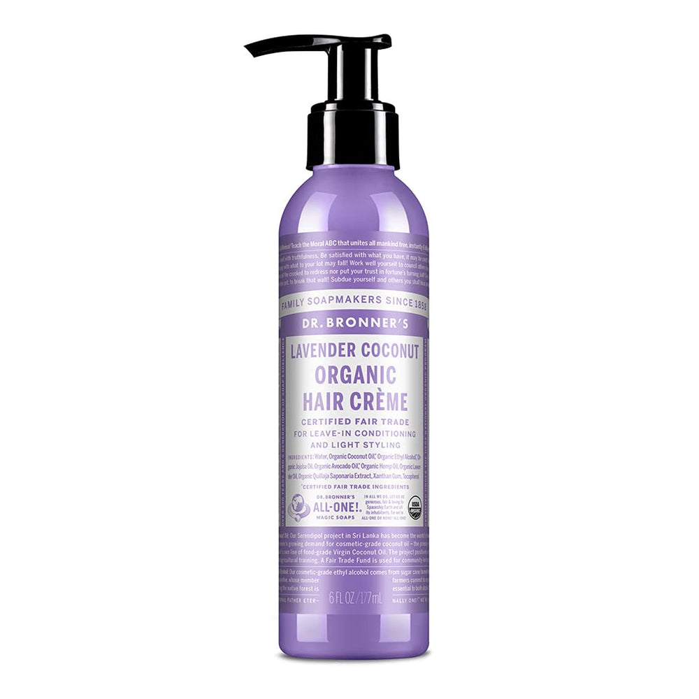 Dr. Bronner's Organic Hair Creme lavender-coconut bottle for silky shine.