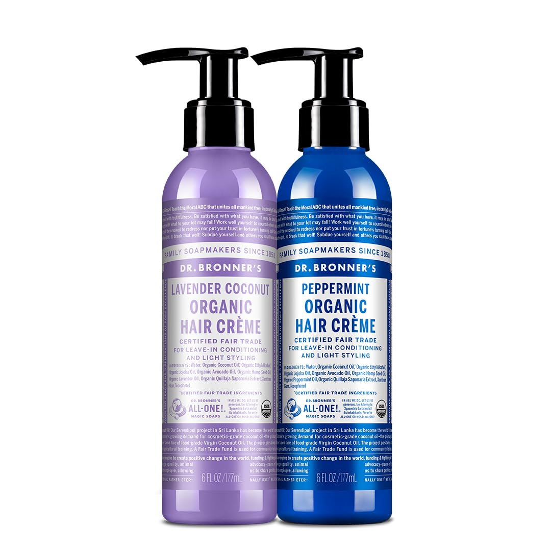 Dr. Bronner's Organic Hair Crème bottle pour shows easy application and light hold.