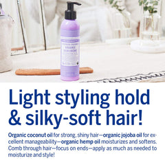Dr. Bronner's Organic Hair Creme ingredients with coconut, jojoba, and hemp oils.