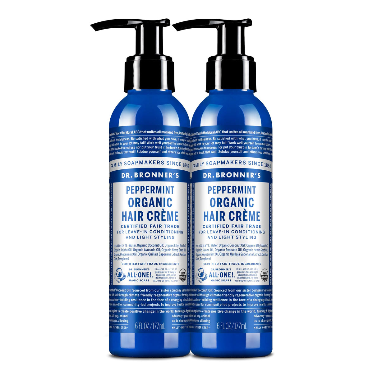 Dr. Bronner's Organic Hair Creme Peppermint bottle highlighting shine from organic oils
