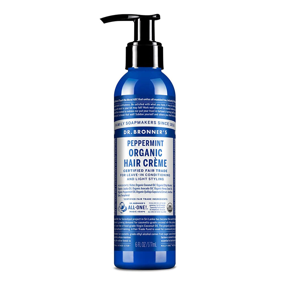 Dr. Bronner's Organic Hair Crème peppermint bottle highlighting natural shine from organic oils for everyday styling.