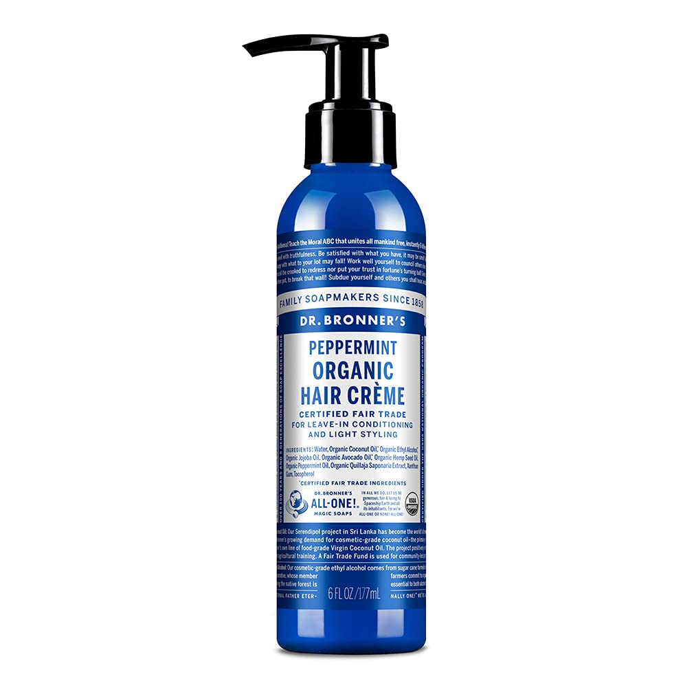 Dr. Bronner's Organic Hair Crème peppermint bottle highlighting natural shine from organic oils for everyday styling.
