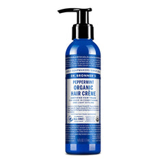 Dr. Bronner's Organic Hair Crème peppermint bottle highlighting natural shine from organic oils for everyday styling.