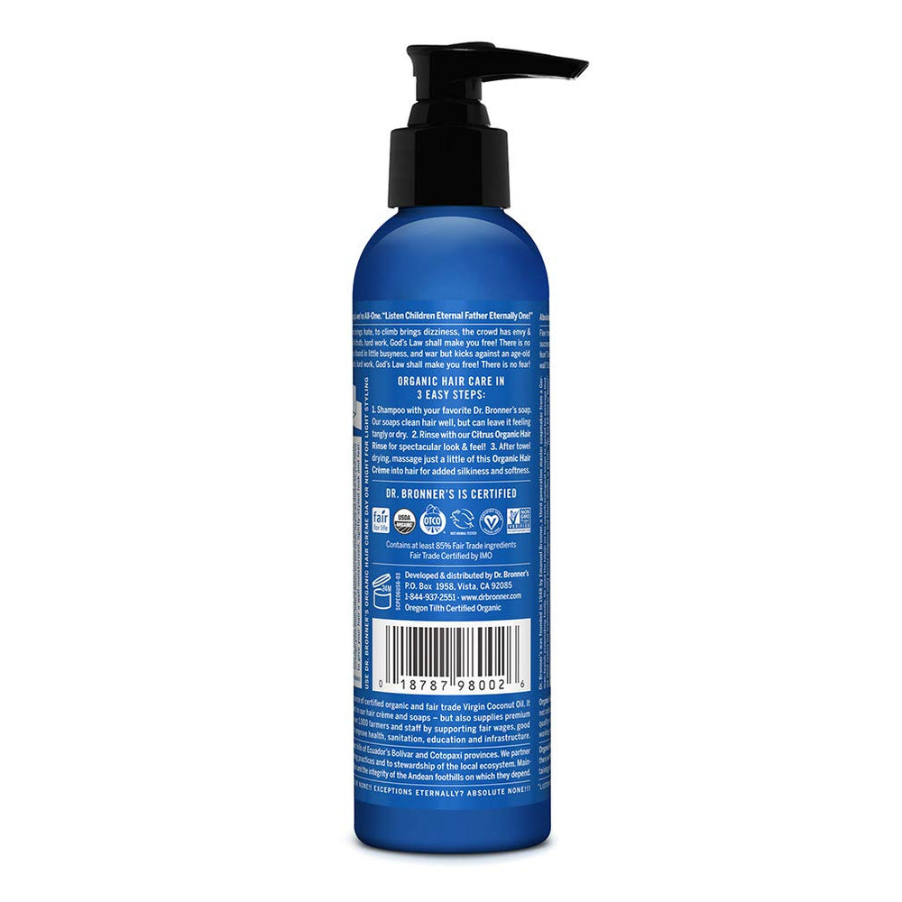Dr. Bronner's Organic Hair Crème peppermint smoothing ends for moisturized look.