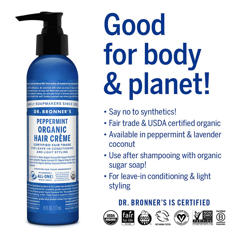 Dr. Bronner's Organic Hair Crème creates soft shine and smoothness.