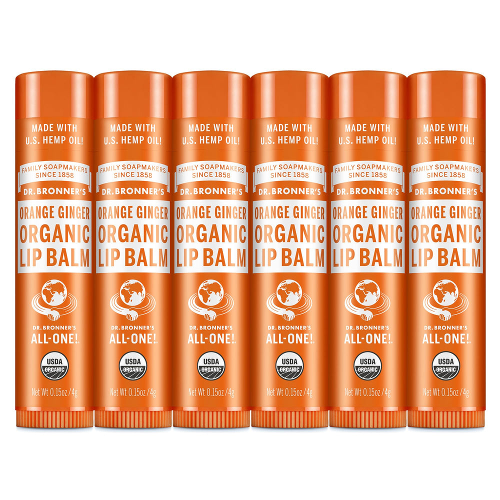 Dr. Bronner’s Organic Lip Balm orange-ginger tube front for hydrating dry lips