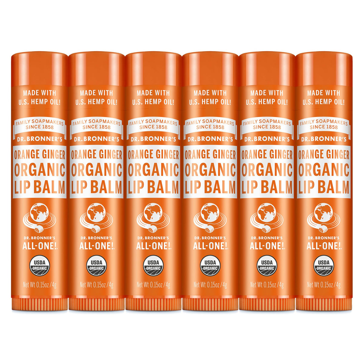 Dr. Bronner’s Organic Lip Balm orange-ginger tube front for hydrating dry lips