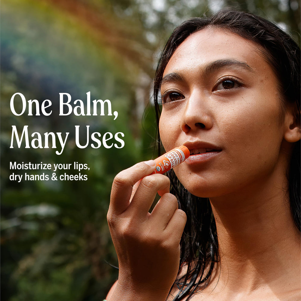 Dr. Bronner’s lip balm in outdoor wind-protection scene showing moisture retention