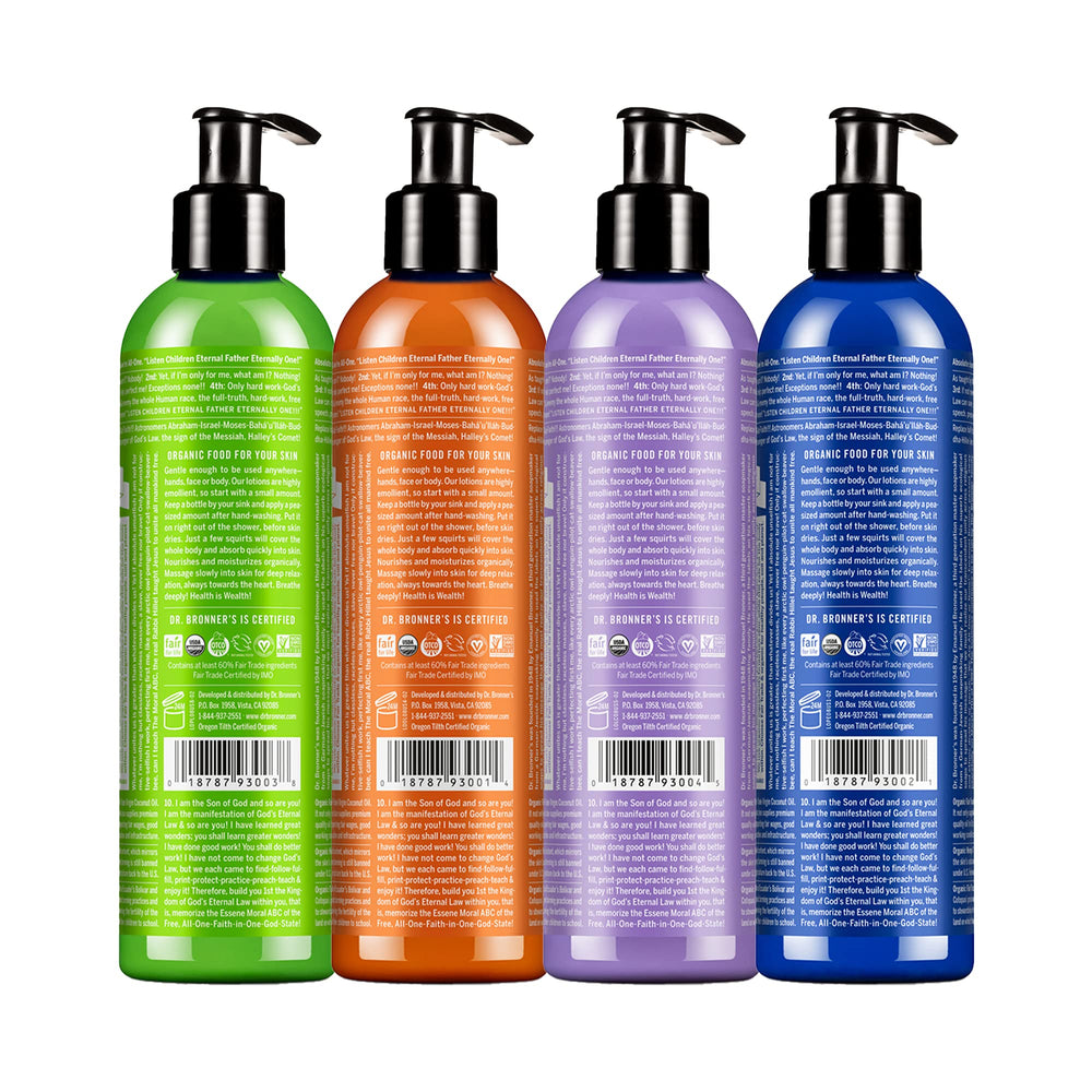 Dr. Bronner's Organic Lotion orange lavender bottle adds bright, balanced skin feel.