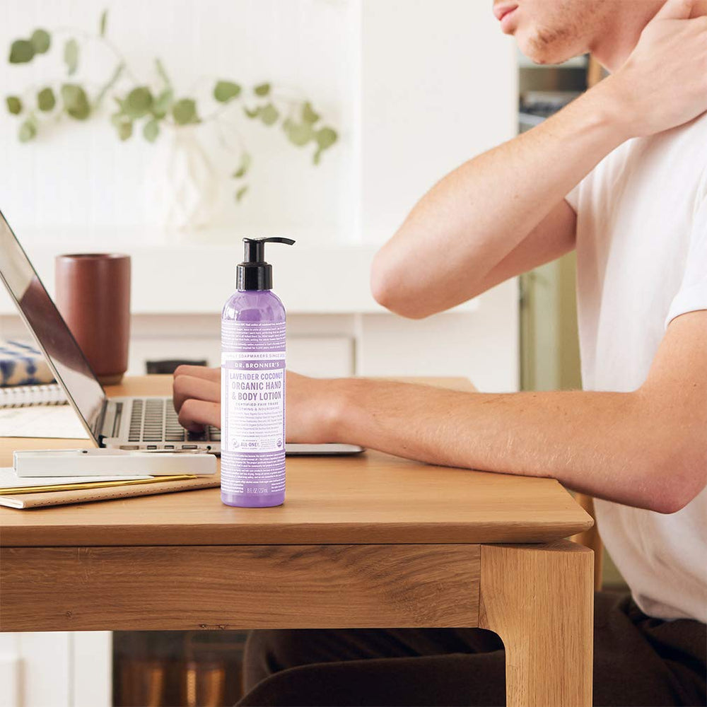 Dr. Bronner's Organic Lotion patchouli lime bottle for uplifting, moisturized skin.