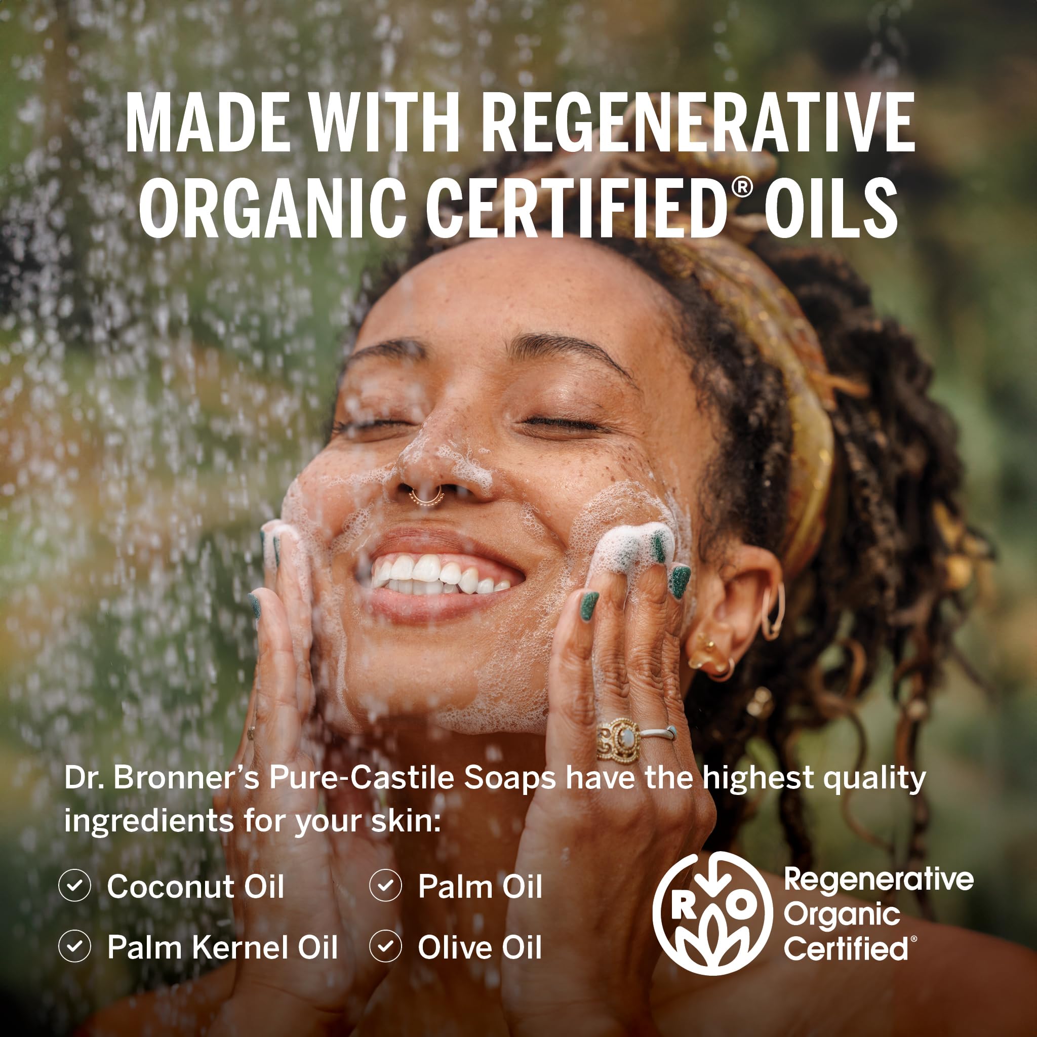 Dr. Bronner's organic oils bottle set emphasizes regenerative organic ingredients.