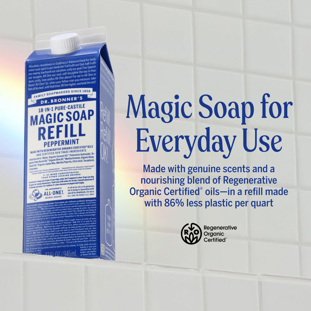 Dr. Bronner's organic oils label close-up shows regenerative organic certified sourcing.