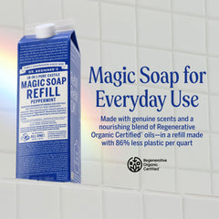 Dr. Bronner's organic oils label close-up shows regenerative organic certified sourcing.