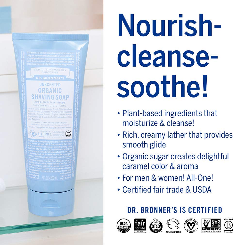 Close-up of creamy lather from Dr. Bronner's organic shaving soap.