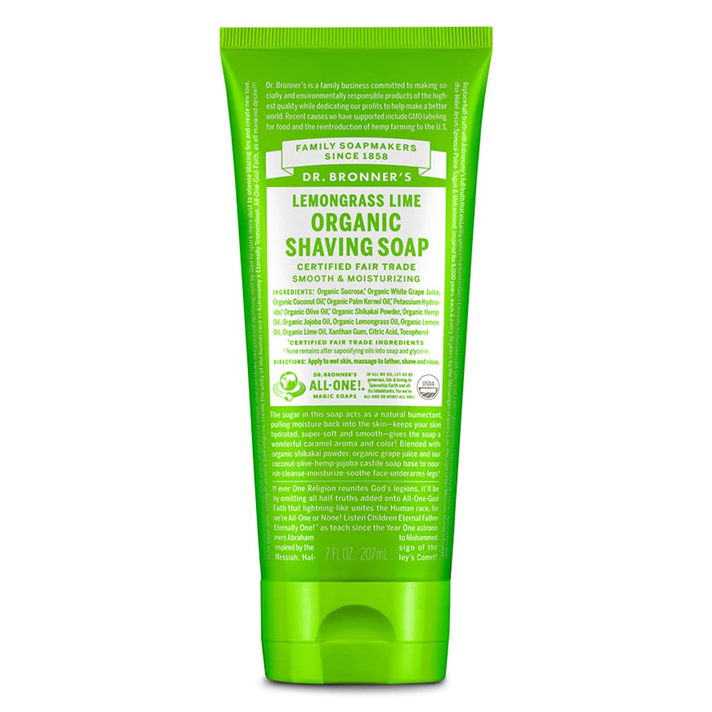 Dr. Bronner's Organic Shaving Soap Lemongrass bottle with creamy lather for a smooth shave.
