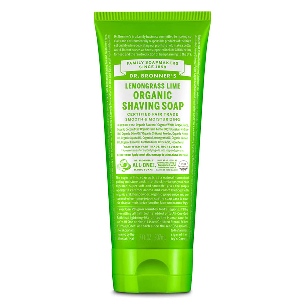 Dr. Bronner's Organic Shaving Soap Lemongrass bottle with creamy lather for a smooth shave.