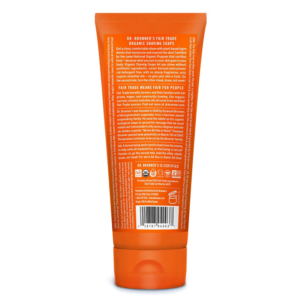 Dr. Bronner's Organic Shaving Soap Tea Tree label highlights organic and fair trade ingredients.