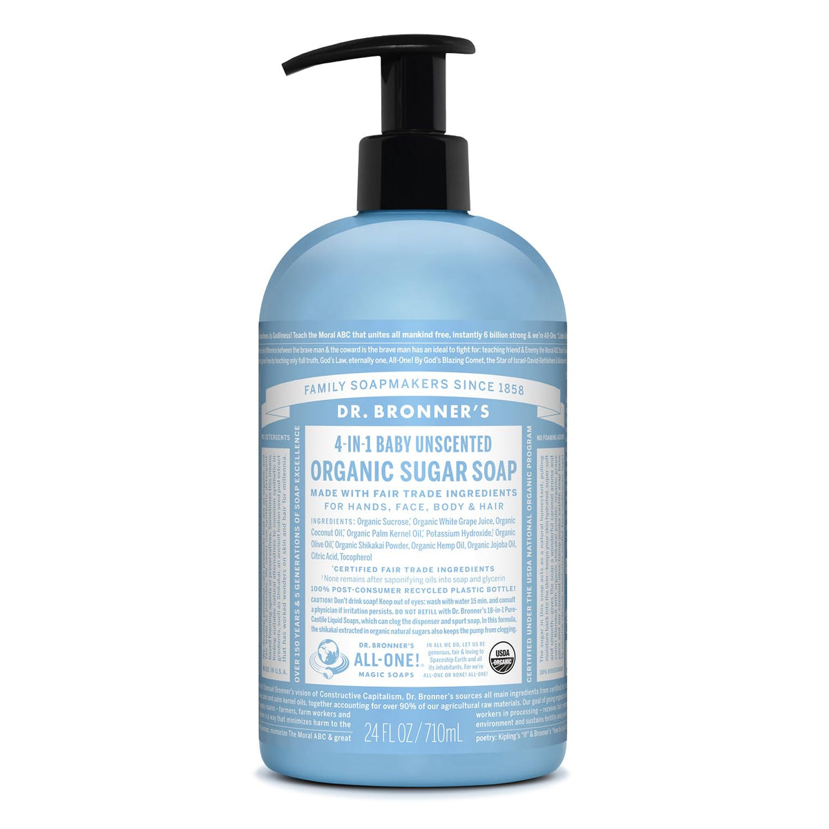 Dr. Bronner's Baby Unscented sugar soap bottle with gentle cleanse for sensitive skin.