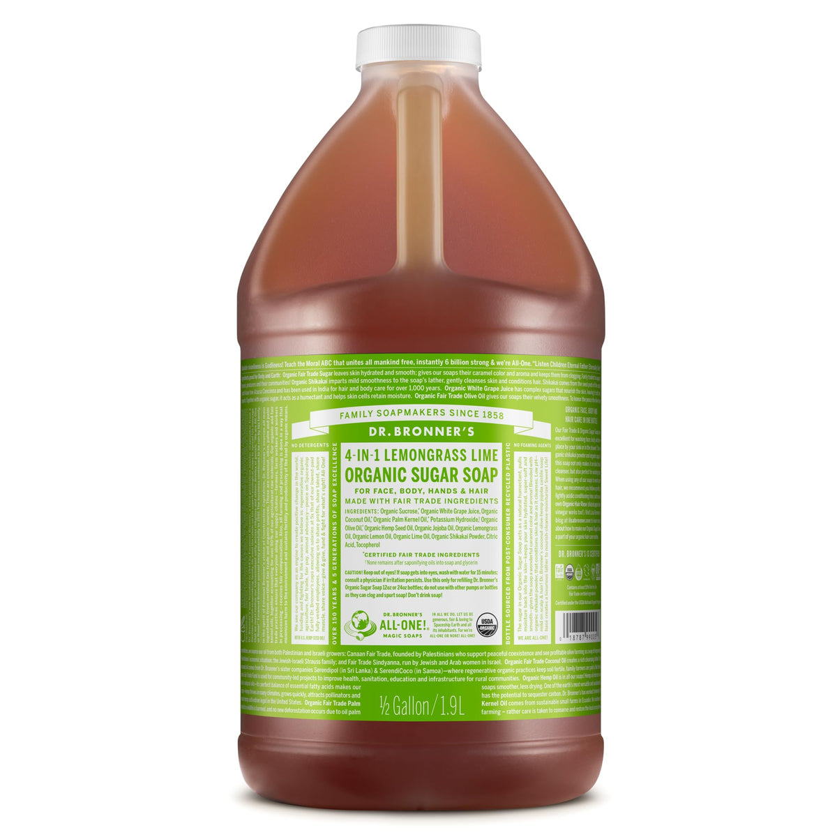 Dr. Bronner's Organic Sugar Soap Lemongrass bottle with creamy lather for cleansing.