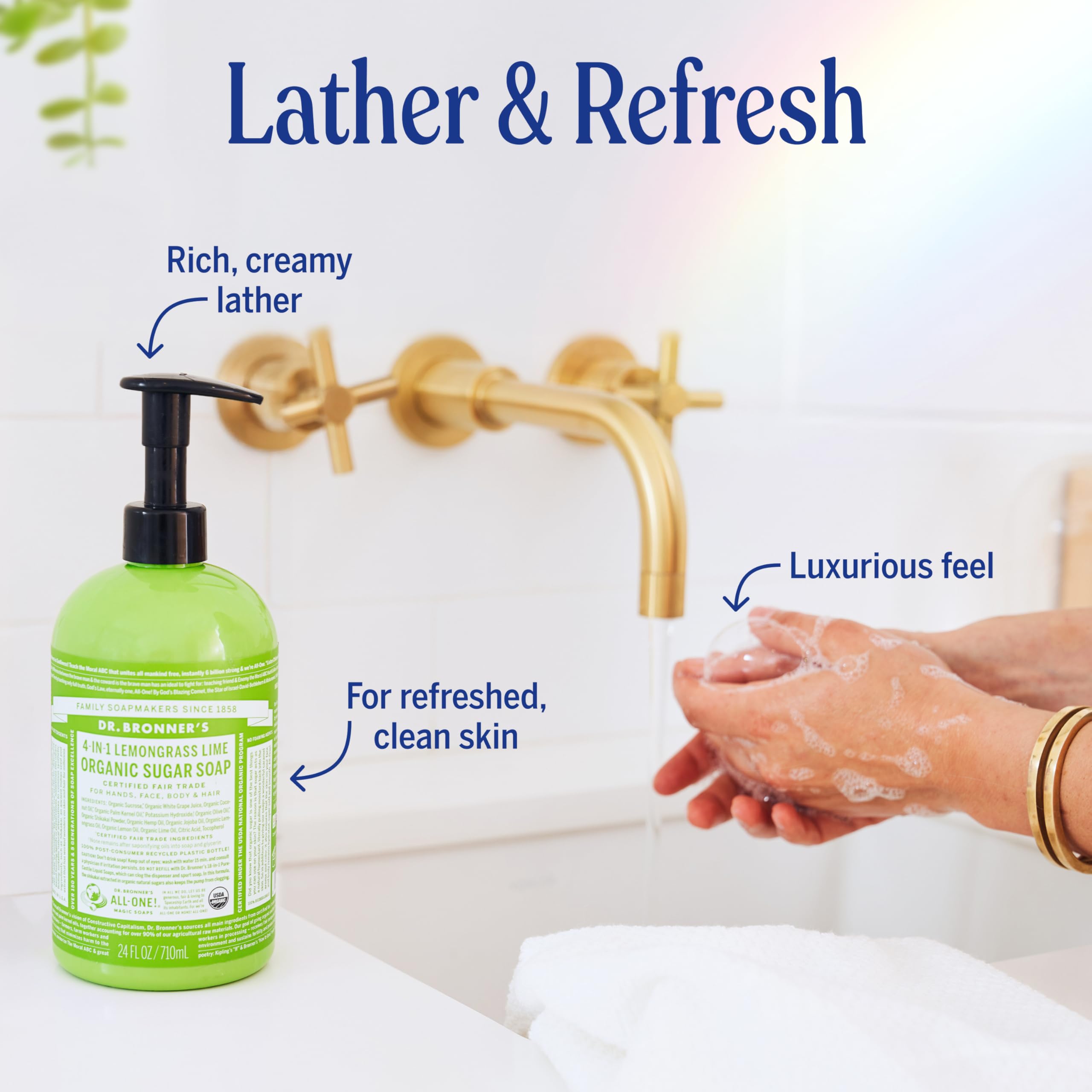 Dr. Bronner's packaging uses 100% post-consumer recycled plastic.