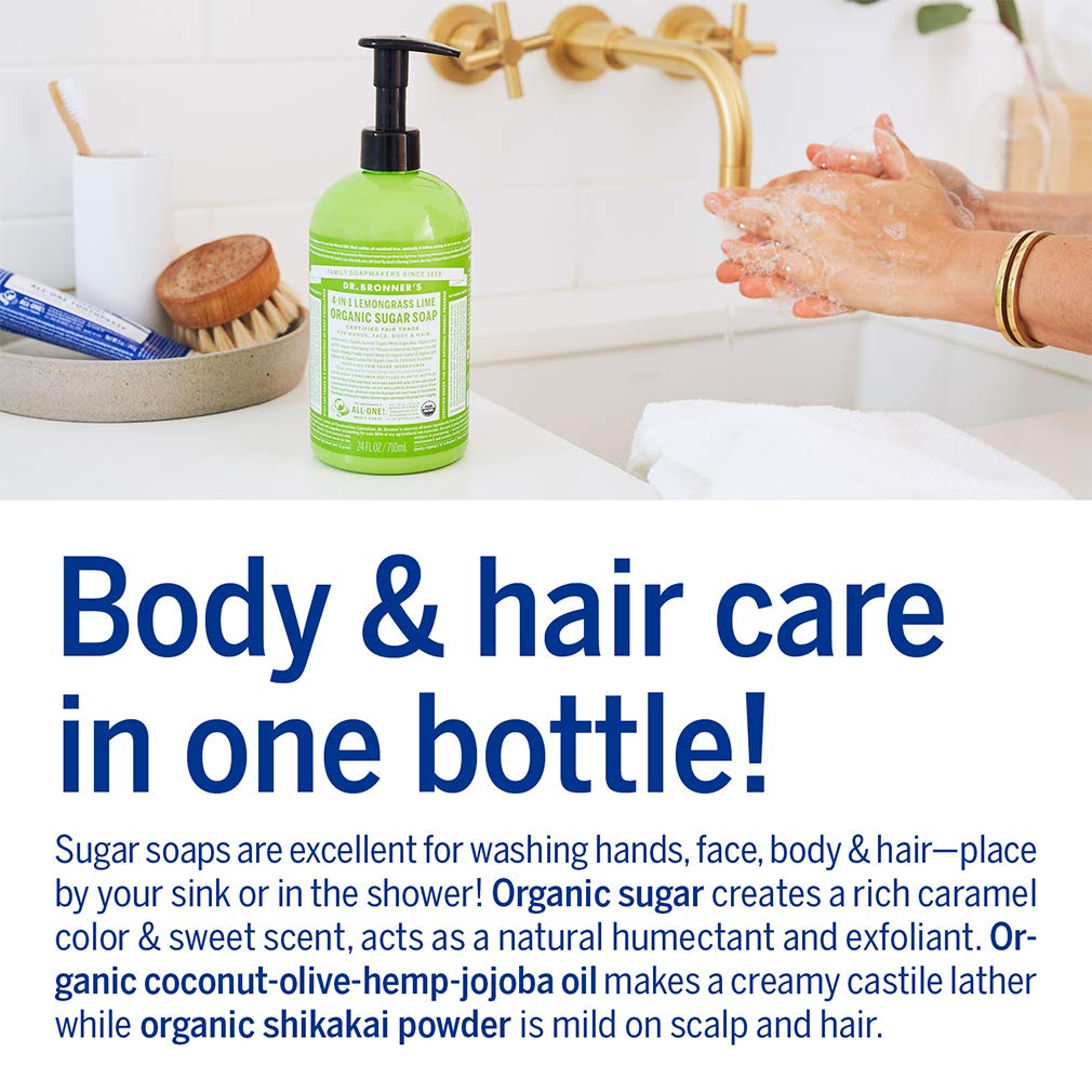 Dr. Bronner's Lemongrass sugar soap lather – refreshing body and hand cleansing.