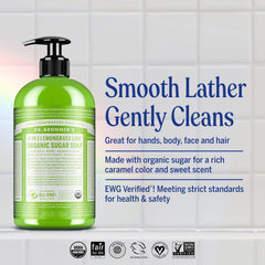 Dr. Bronner's Organic Sugar Soap Lemongrass lather—creamy foam for skin and hair.