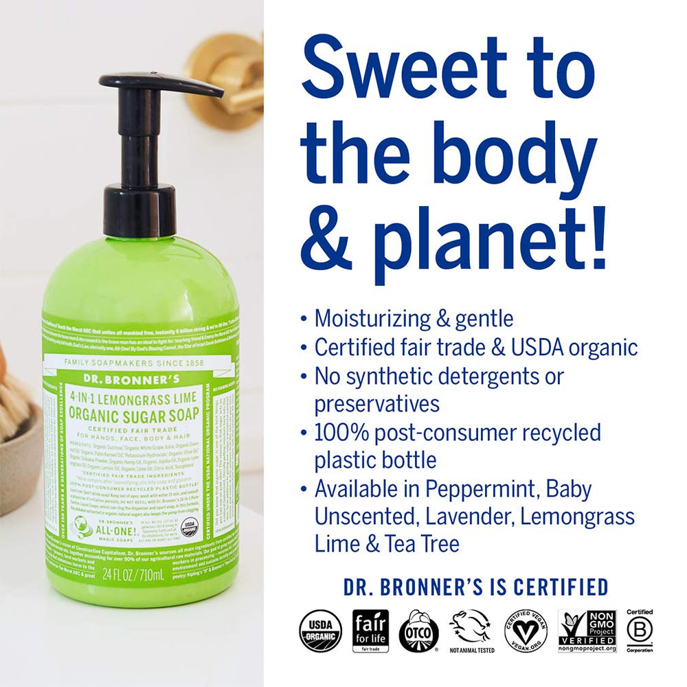 Dr. Bronner's Lemongrass sugar soap with shikakai powder – gentle scalp and skin care.
