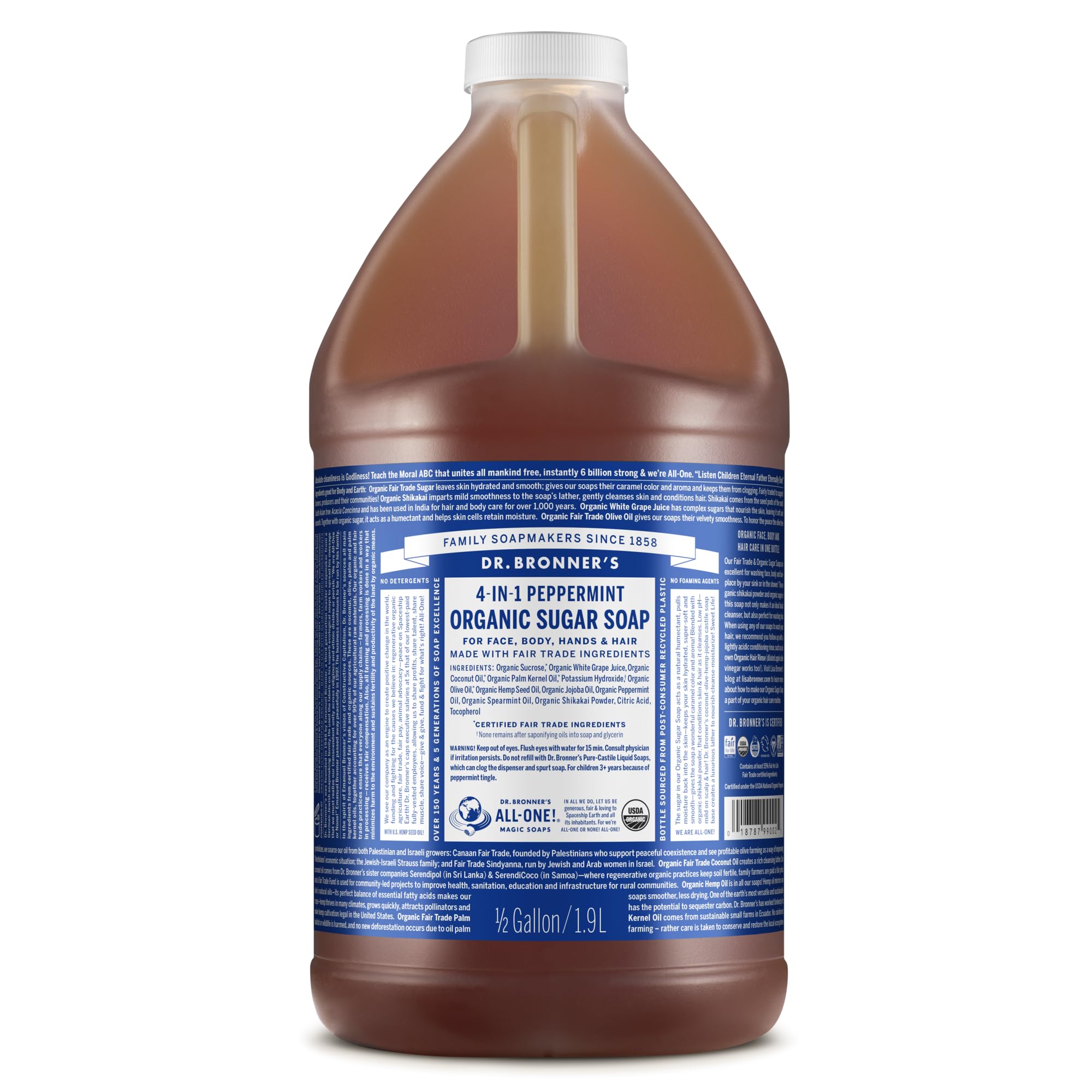 Dr. Bronner's Organic Sugar Soap Peppermint bottle demonstrates rich lather for hands and body cleansing.