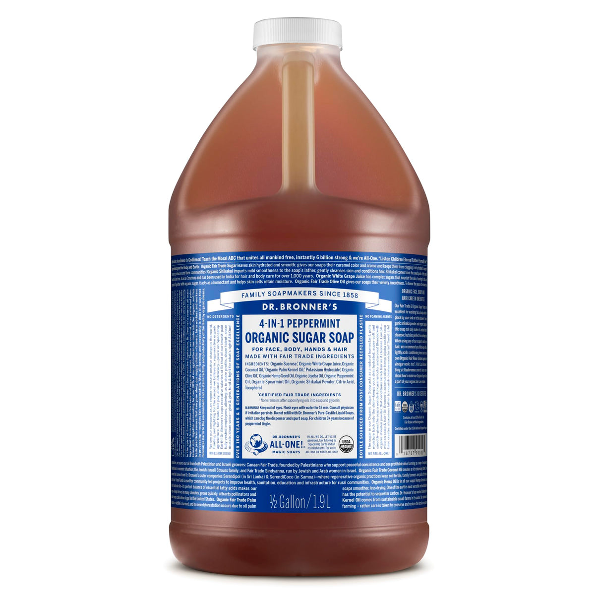 Dr. Bronner's Organic Sugar Soap Peppermint bottle demonstrates rich lather for hands and body cleansing.