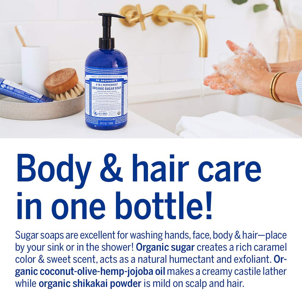 Dr. Bronner's Organic Sugar Soap Peppermint bottle front for daily hand and body cleansing.