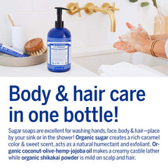 Dr. Bronner's Organic Sugar Soap Peppermint bottle front for daily hand and body cleansing.