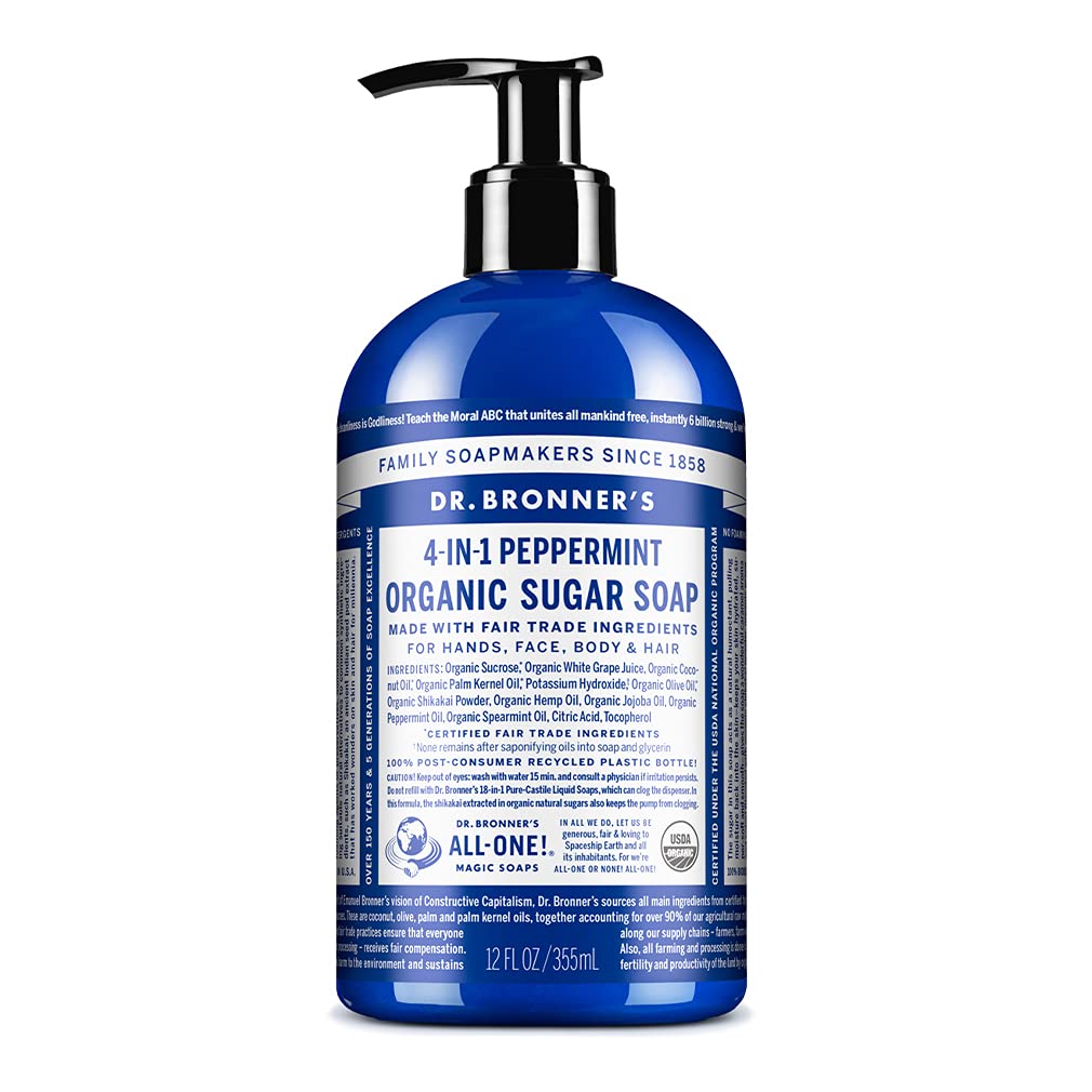 Dr. Bronner's Organic Sugar Soap Peppermint bottle pour for a refreshing cleansing ritual.