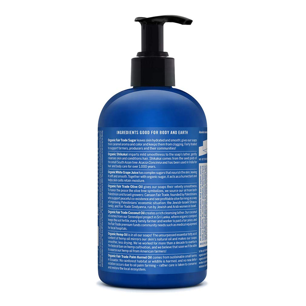 Dr. Bronner's Organic Sugar Soap Peppermint ingredients dispersion show nourishing oils for a creamy cleanse.