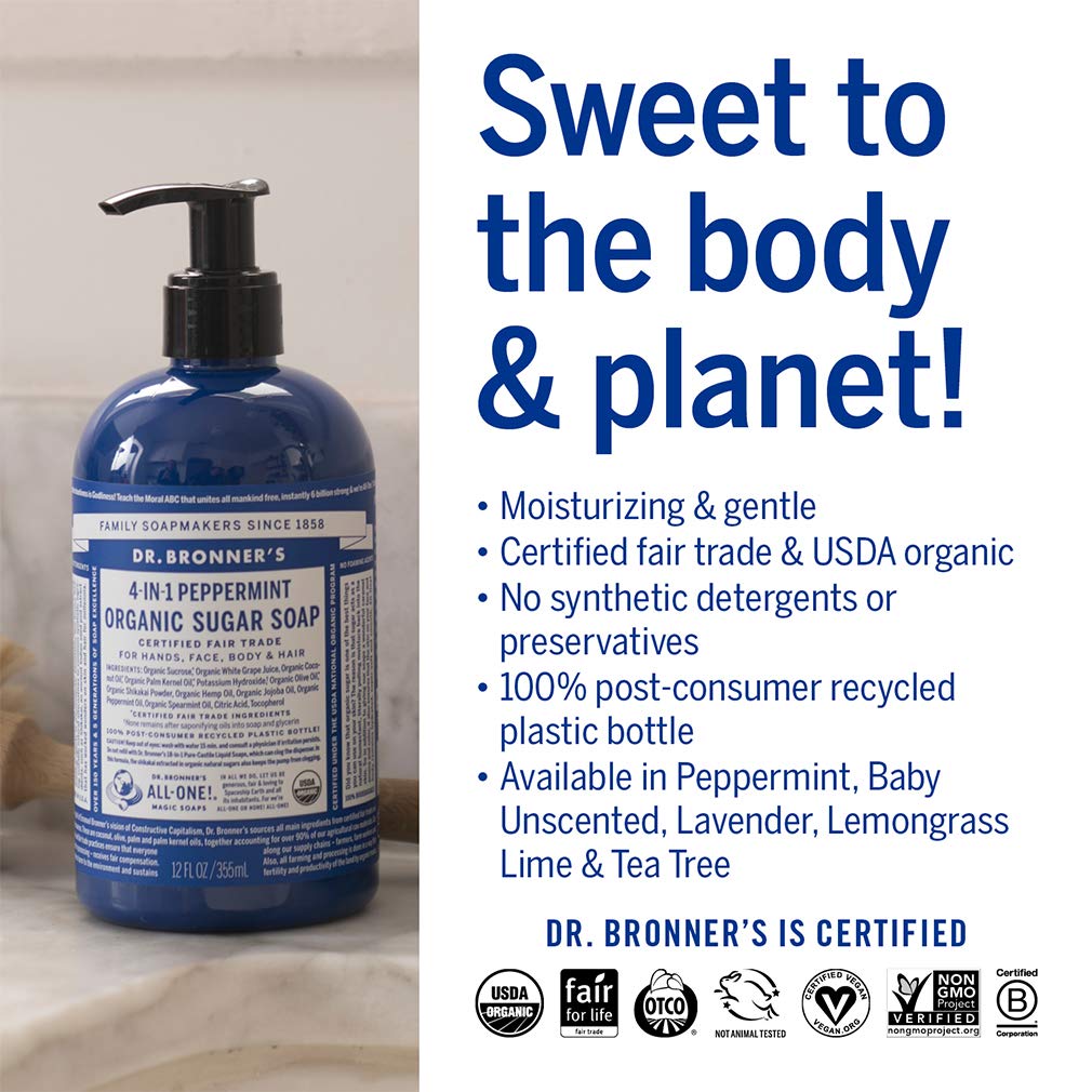 Dr. Bronner's Peppermint soap packaging with recycled bottle emphasizes sustainability.