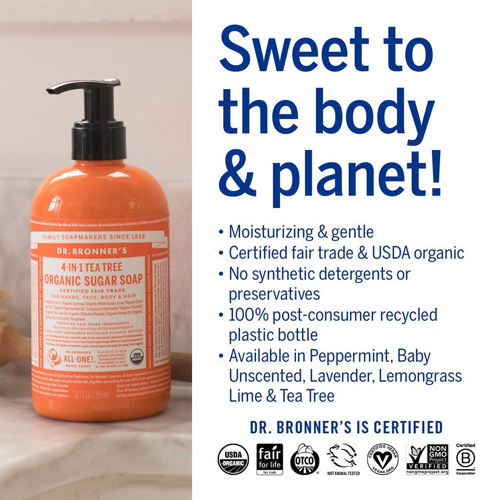 Dr. Bronner's Organic Sugar Soap 4-in-1 use shown for hands, body, face, hair