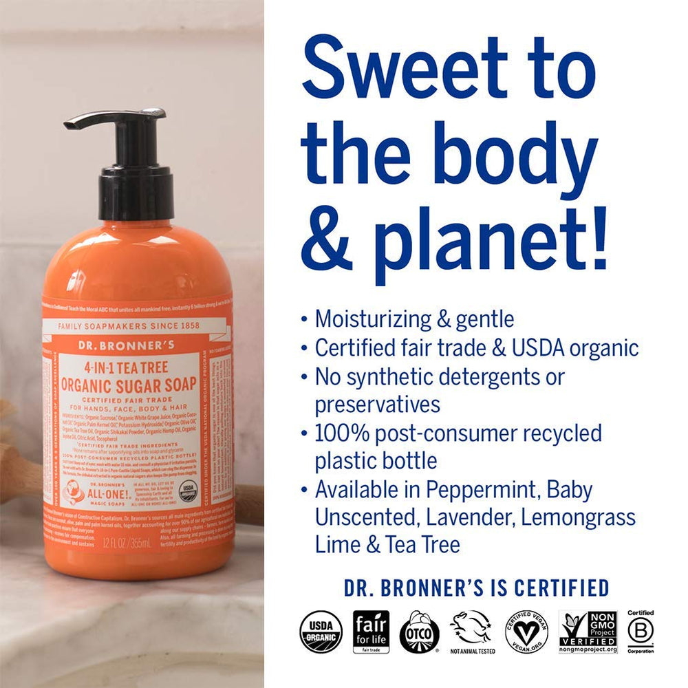 Dr. Bronner's Organic Sugar Soap 4-in-1 use shown for hands, body, face, hair