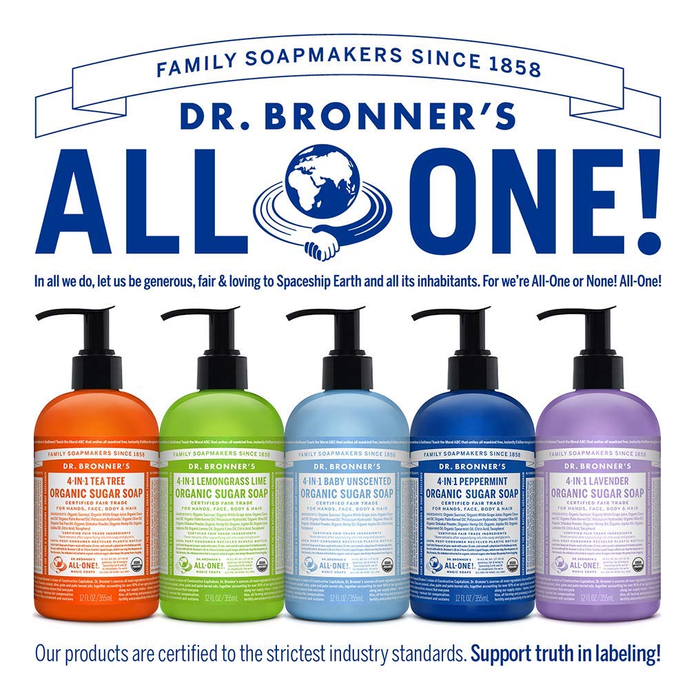 Dr. Bronner's uses 100% post-consumer recycled bottles to reduce plastic waste