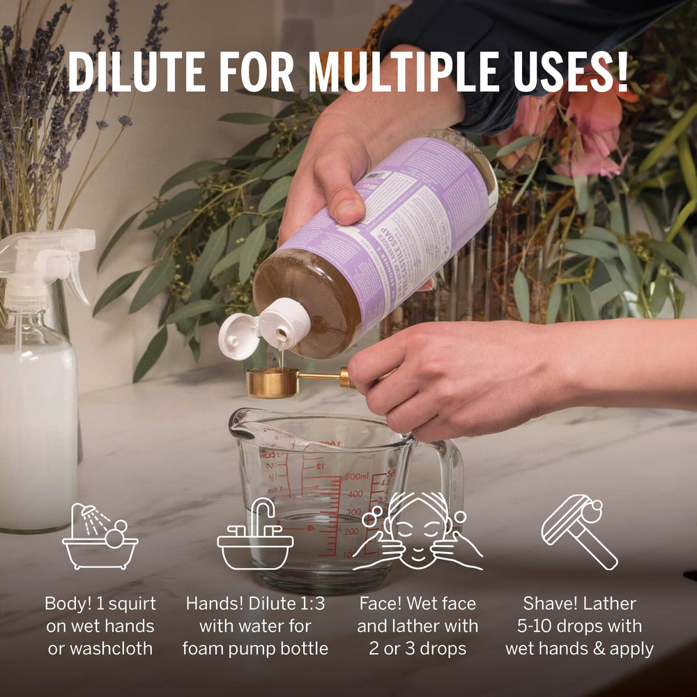 Dr. Bronner's bottle in recycled plastic packaging highlights sustainability.