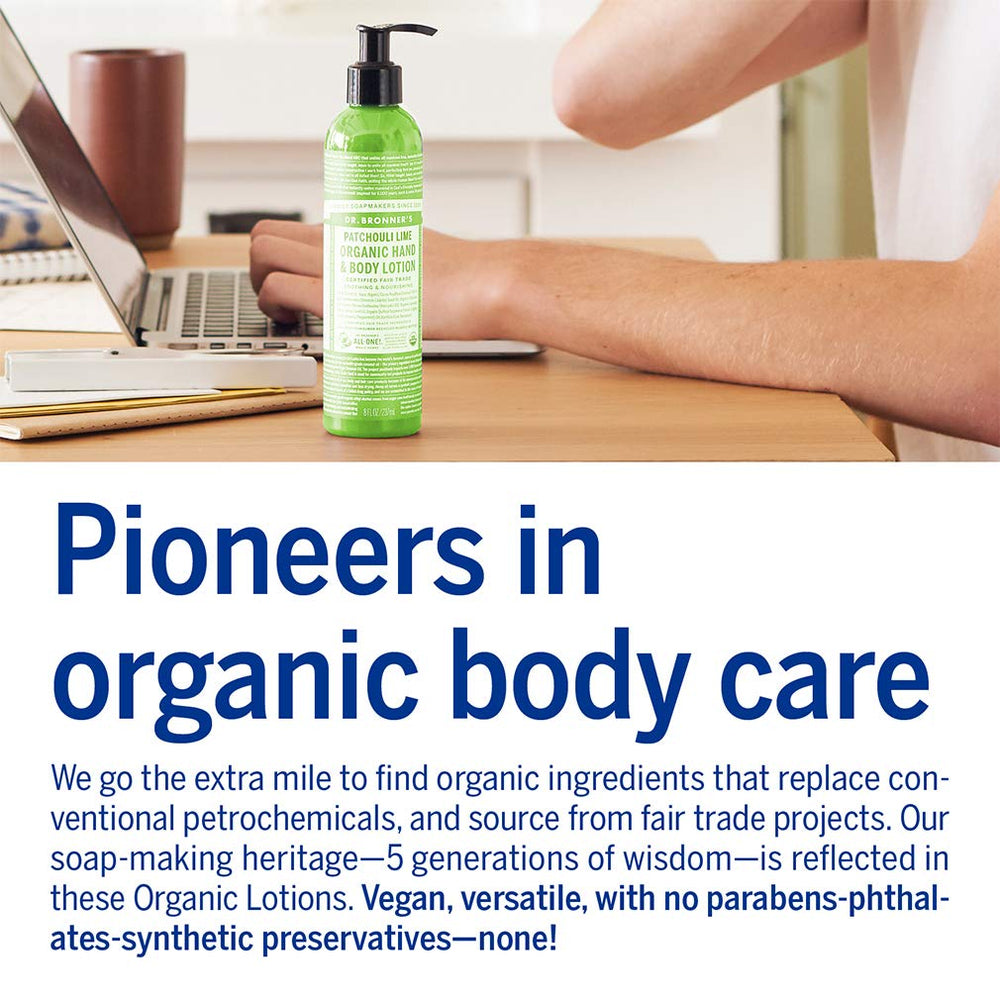 Hands applying Dr. Bronner's Patchouli Lime Lotion after washing