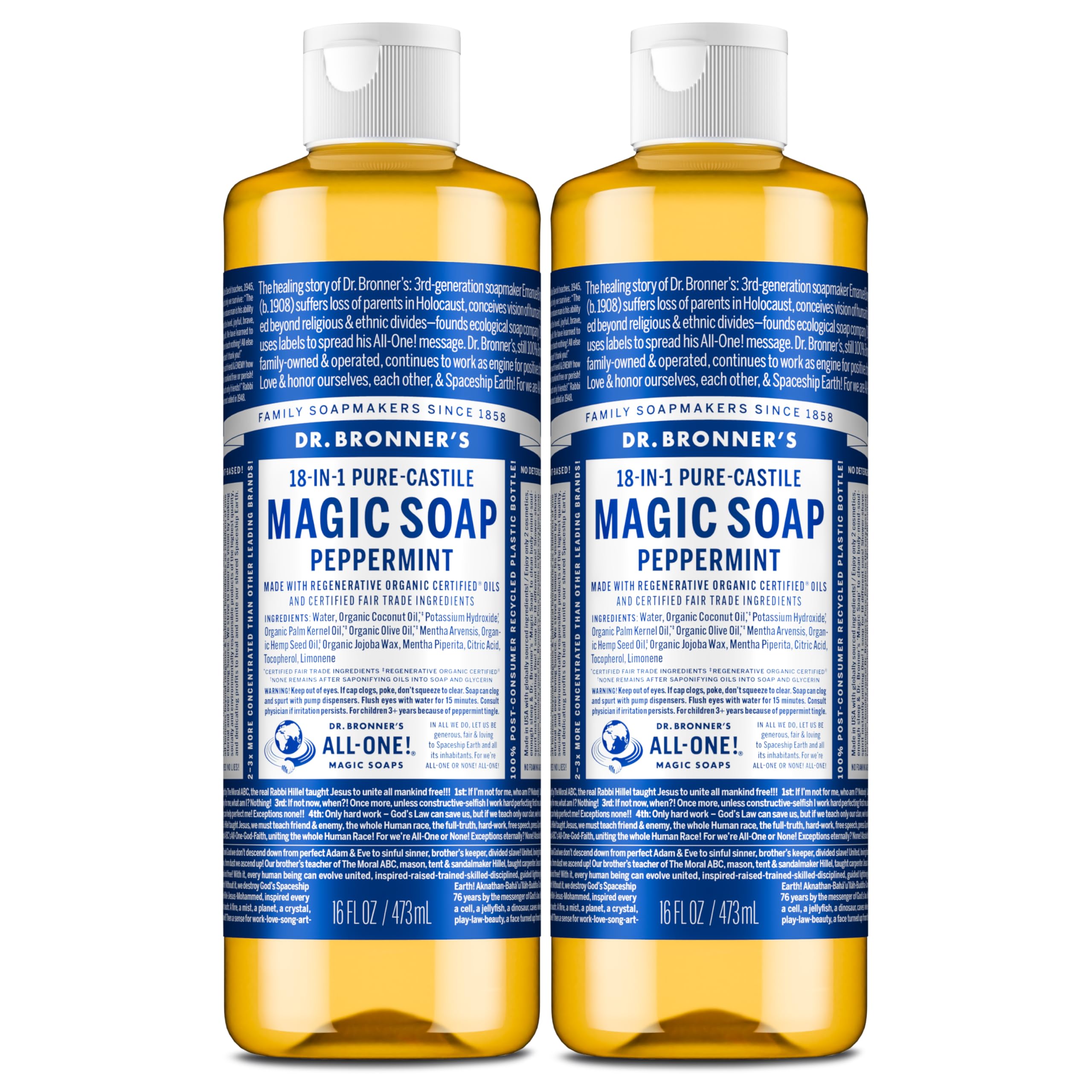 Dr. Bronner's Peppermint Castile Soap bottle pours for a refreshing body wash.