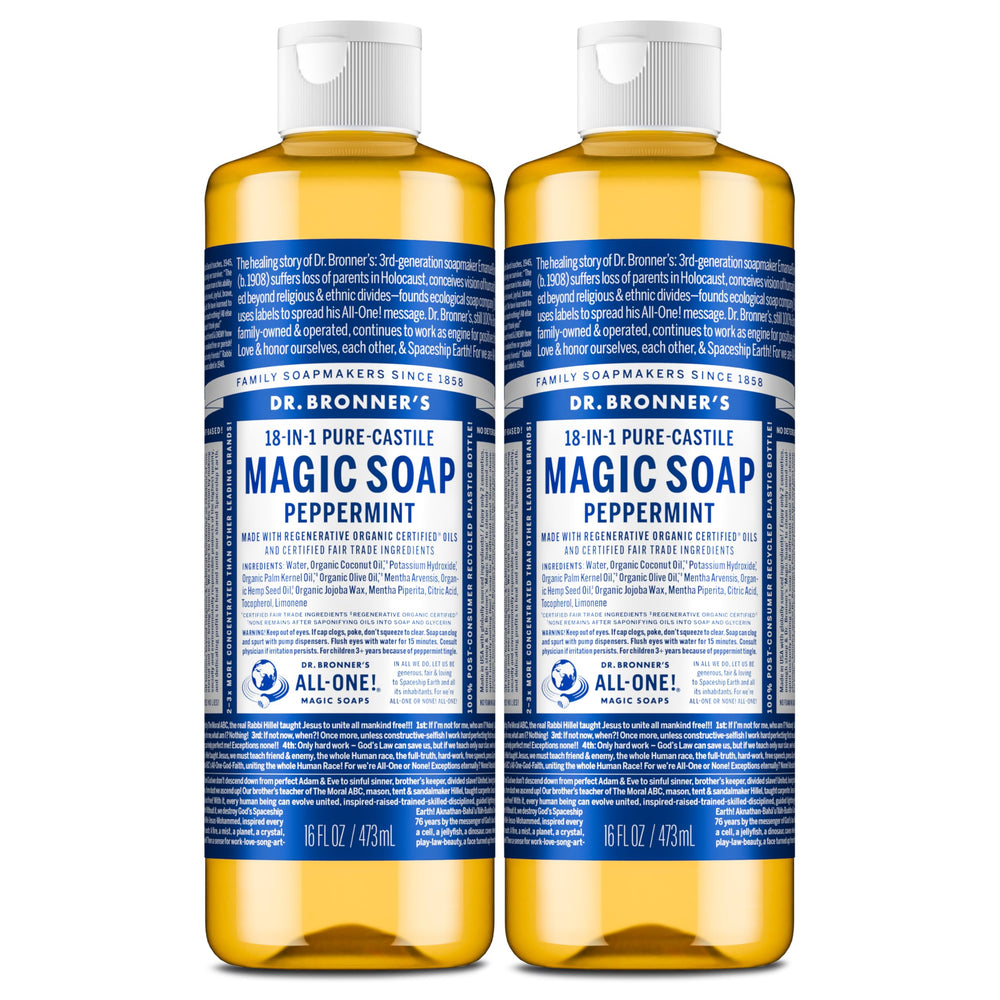 Dr. Bronner's Peppermint Castile Soap bottle pours for a refreshing body wash.