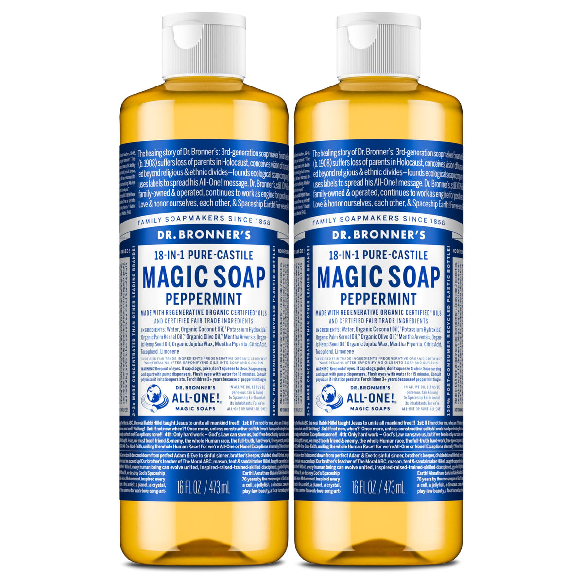 Dr. Bronner's Peppermint Castile Soap bottle pours for a refreshing body wash.