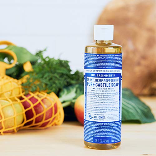 Dr. Bronner's Peppermint Castile Soap close-up showing concentrated formula for versatile cleaning.