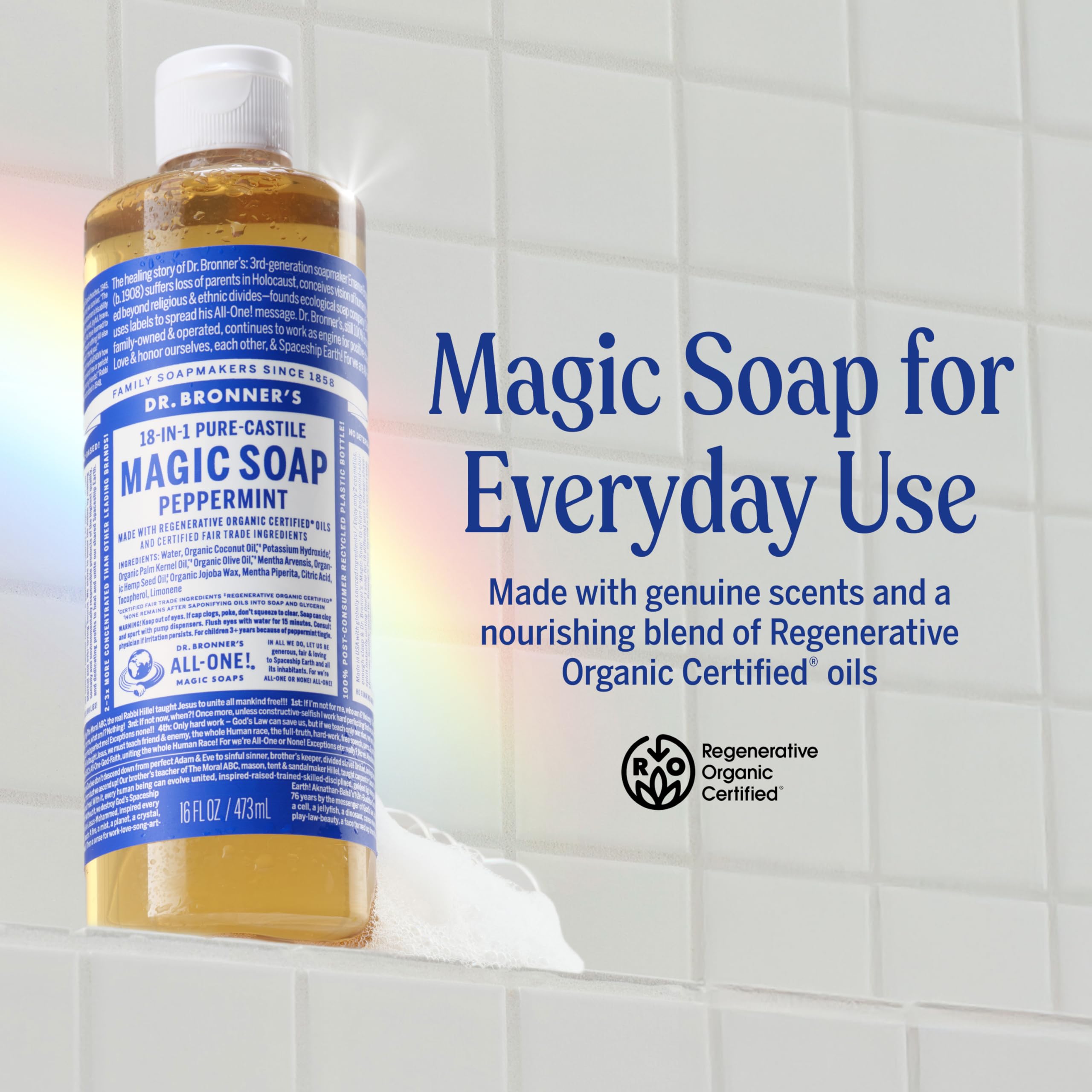 Dr. Bronner's Peppermint Castile Soap foaming lather for dishes and cleaning.