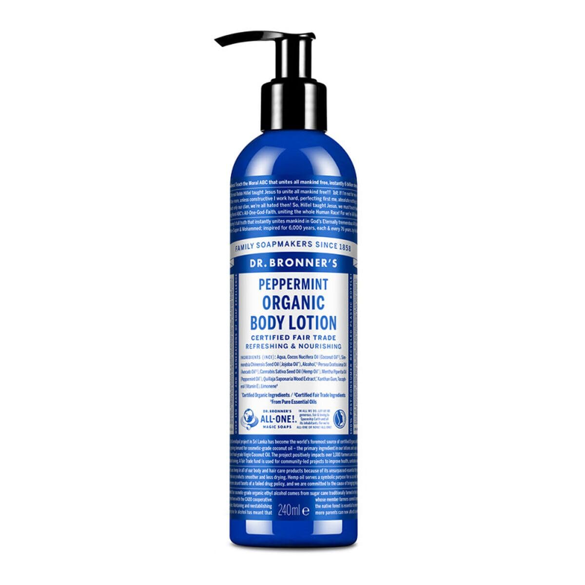 Dr. Bronner's Peppermint Lotion bottle highlights organic oil blend for refreshing skin hydration.