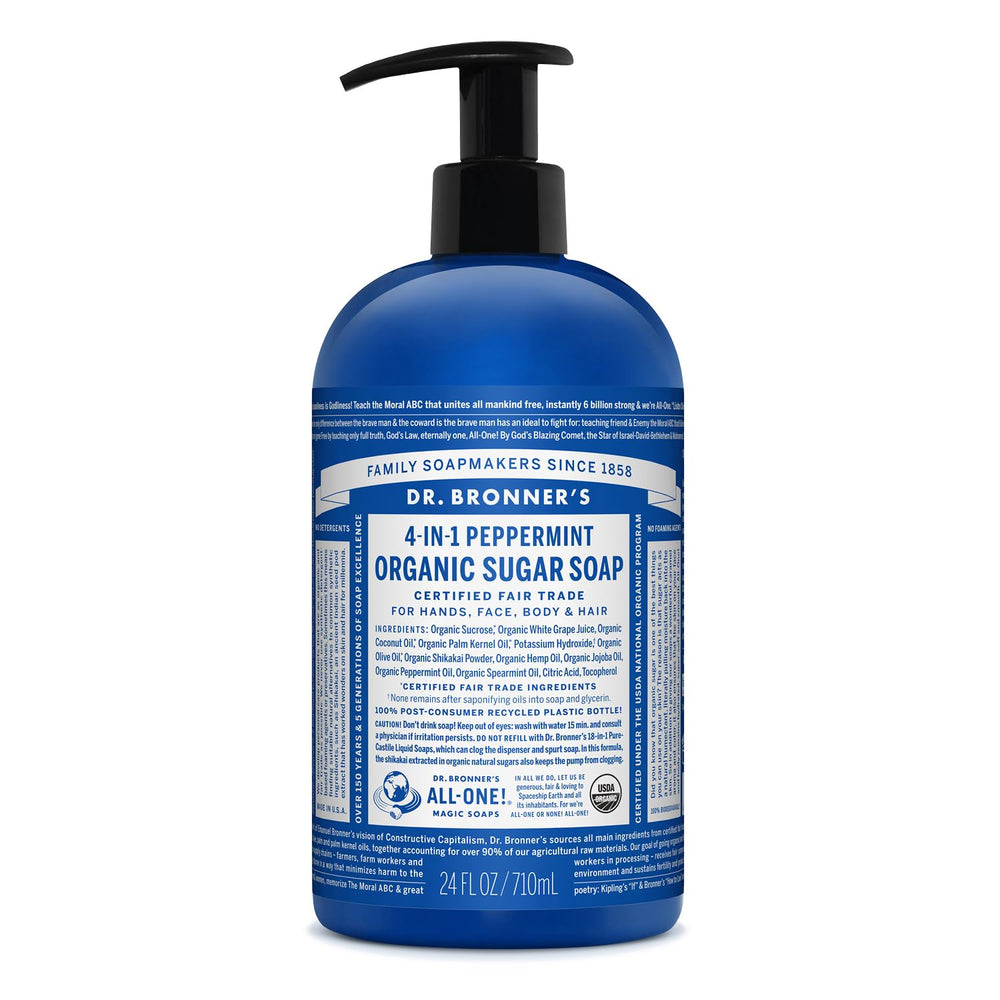 Dr. Bronner's Peppermint Sugar Soap bottle pour for refreshing hand and body cleansing.