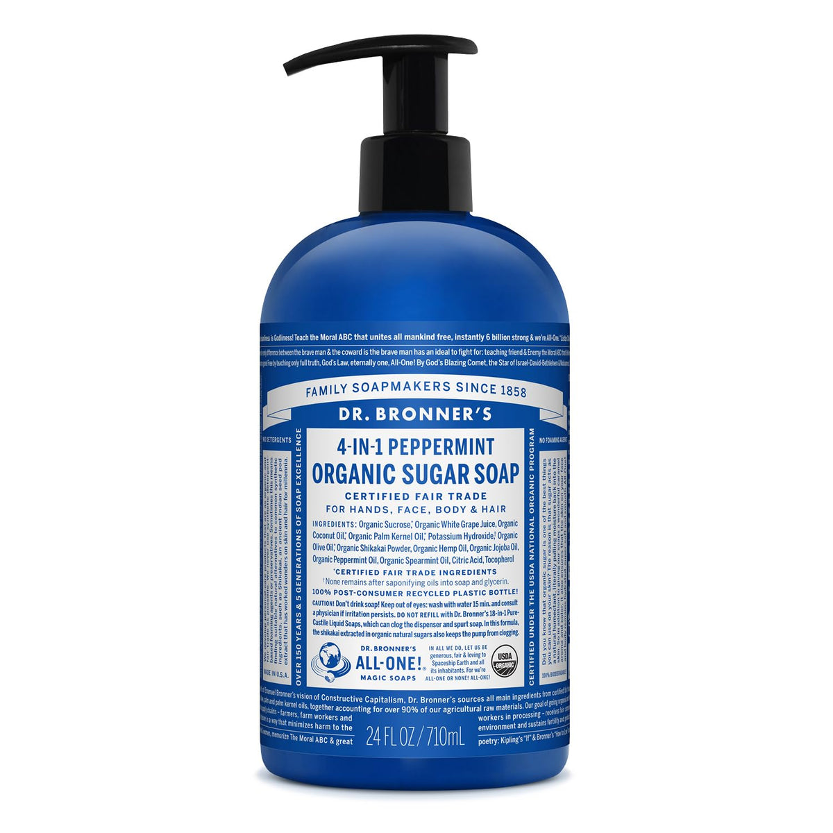 Dr. Bronner's Peppermint Sugar Soap bottle pour for refreshing hand and body cleansing.