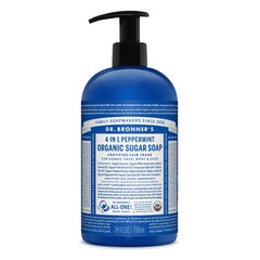 Dr. Bronner's Peppermint Sugar Soap bottle pour for refreshing hand and body cleansing.